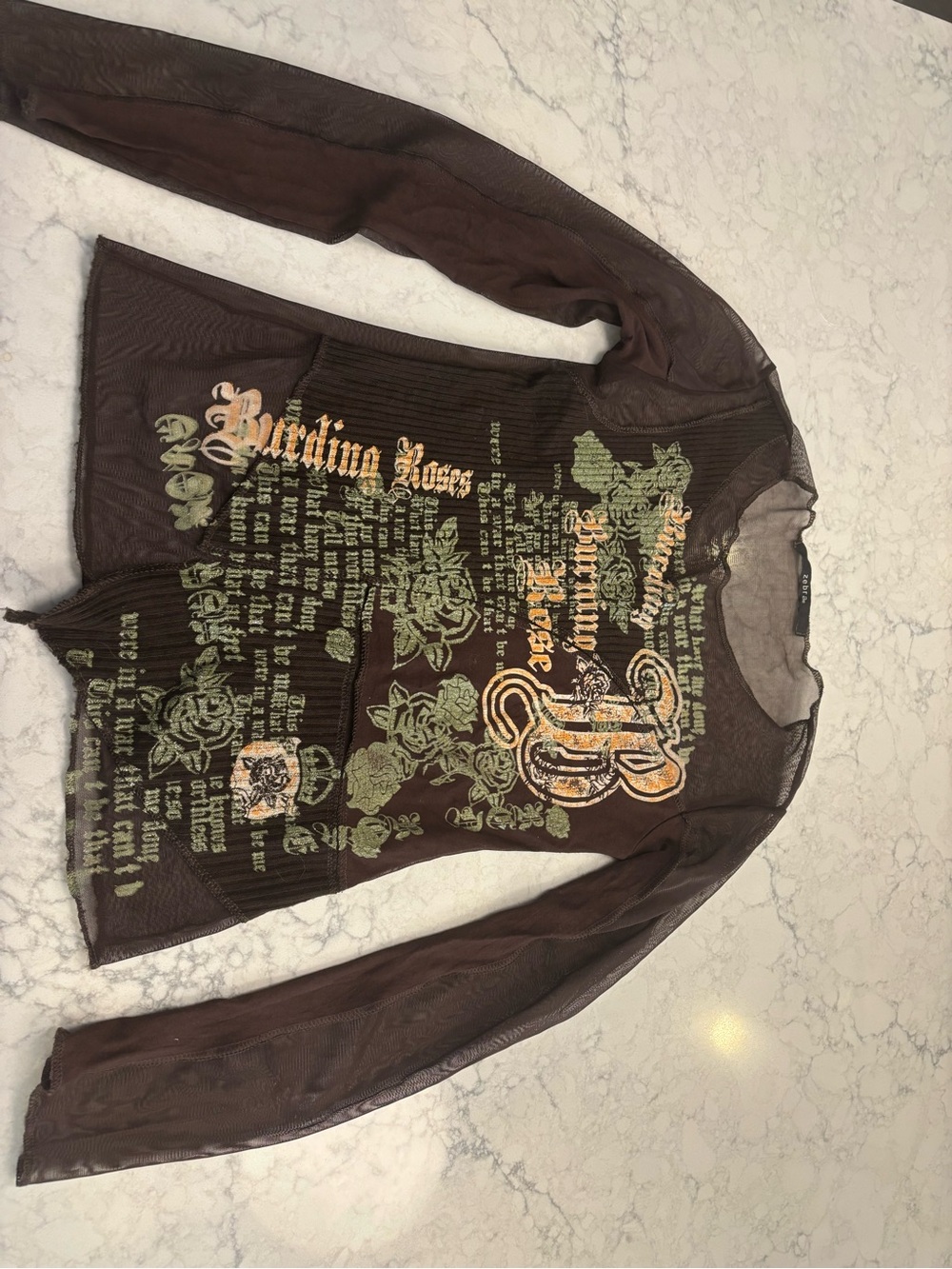 Brown Graphic Mesh Long-Sleeve Top